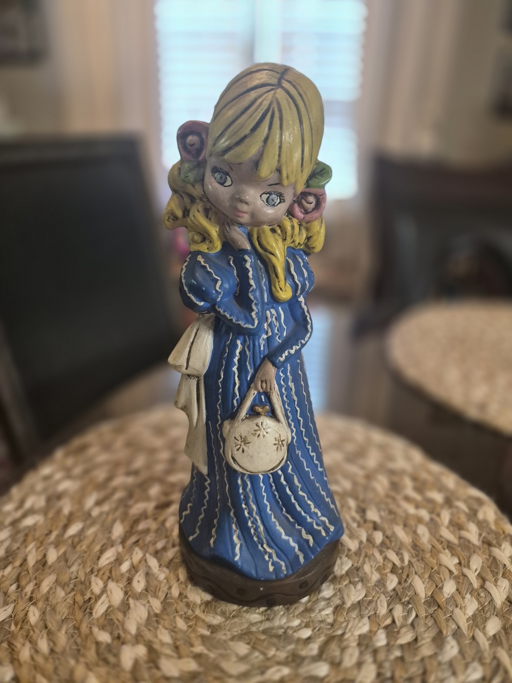 Vintage Hand-Painted Girl Figurine in Blue Dress 1970s